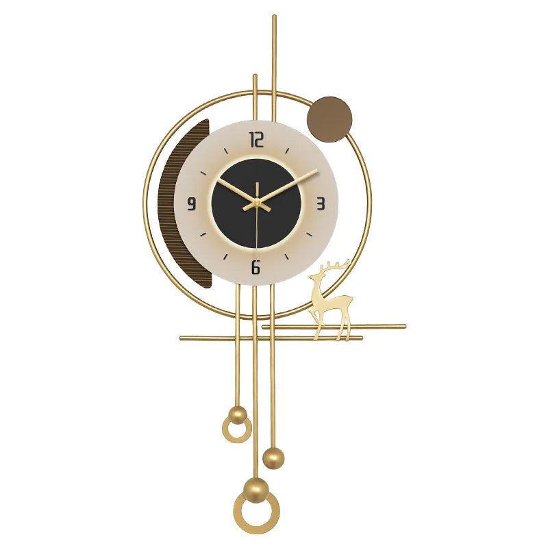 Modern minimalist TV background deer wall clock ,wooden grille decoration with lights hanging clock