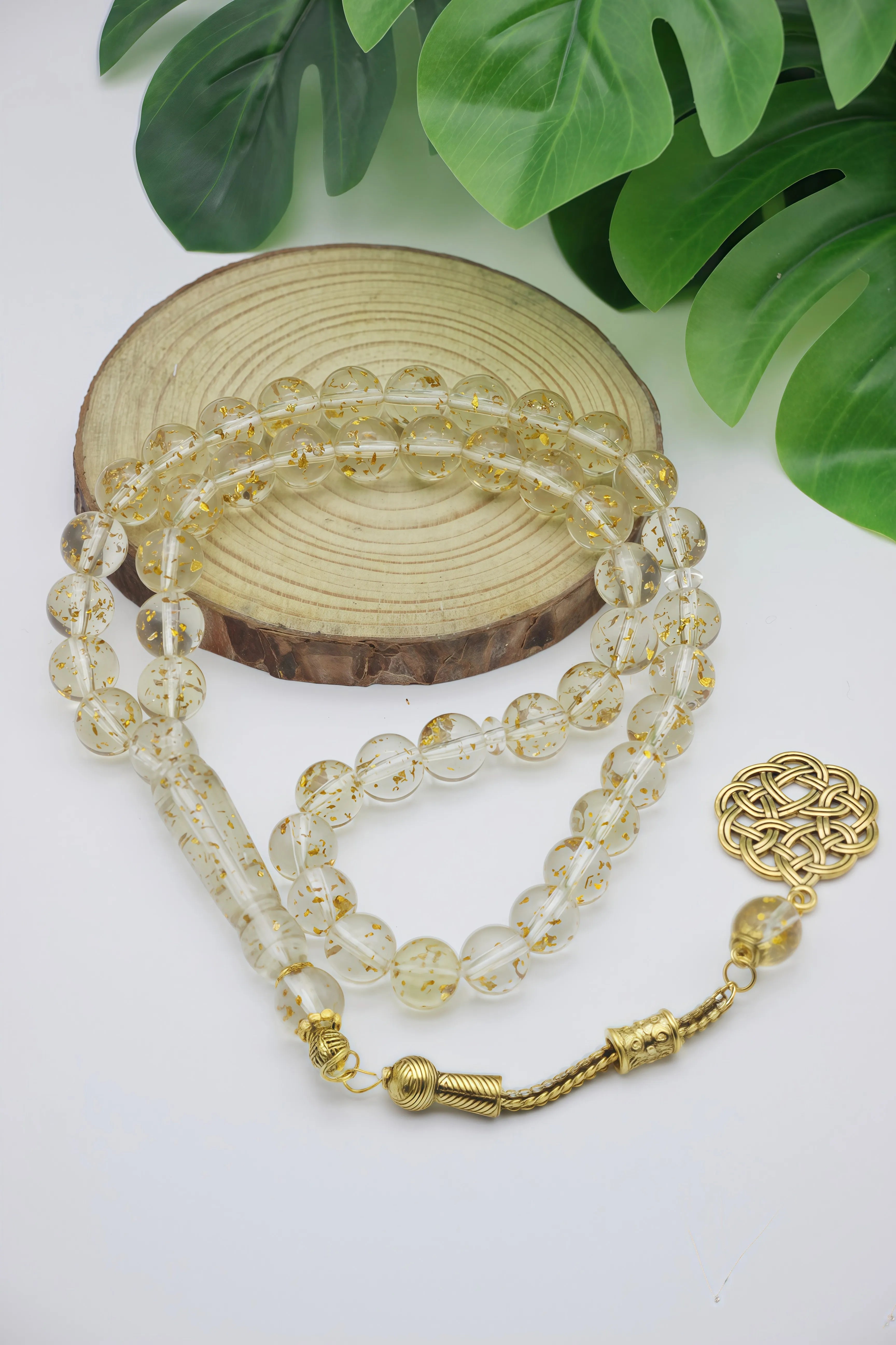 Islamic Tasbih Prayer Beads with Celtic Knot, Gold Foil in Cream/Blue/Black, Handmade Beads for Prayer & Ramadan Gift