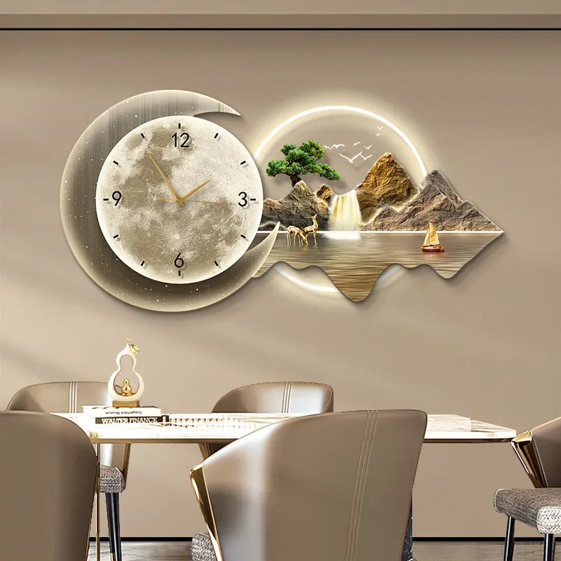 Restaurant Decoration Painting Clock Silent Luxury High Grade Luminous Landscape Mural