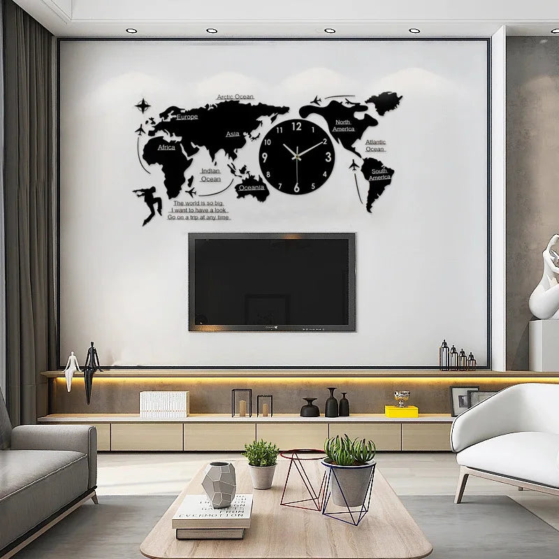 Large 3d Wall Clock Creative World Map Wall Clocks Living Room Luxury Decoration Clock Modern Design Bedroom Silent Clocks