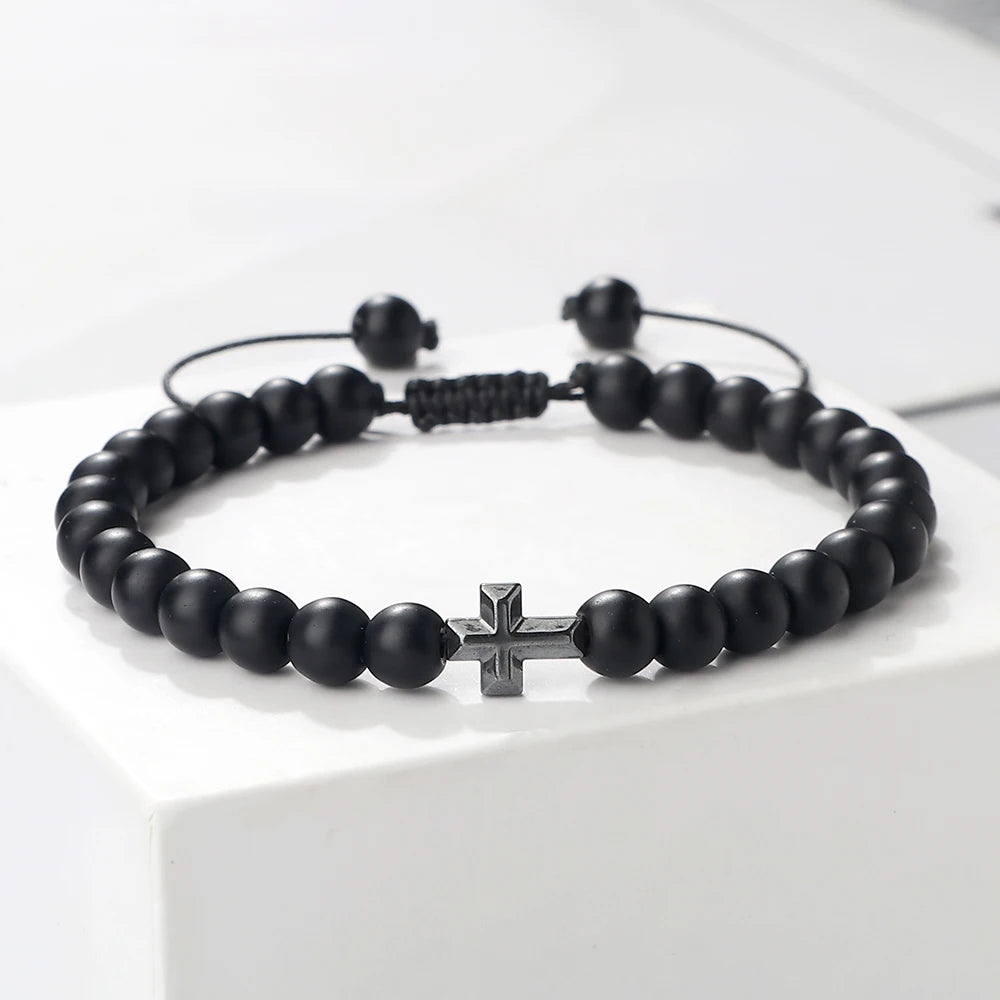 Prayer Men Handmade Woven Bracelet 6mm Natural Tiger Eye Stone Bangle with Hematite Cross Yoga Rosary Jewelry Homme Pulsera Gift