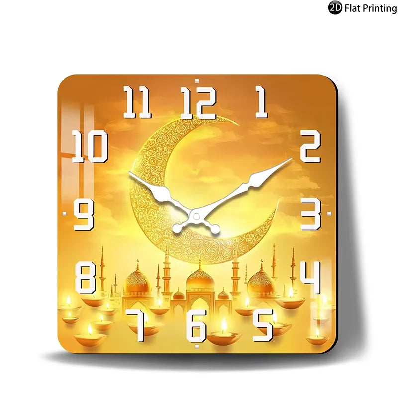 Wall Clock Islamic-themed crescent moon minarets Quartz Square Analog Bedroom Bathroom Christmas Halloween Birthdays Gift
