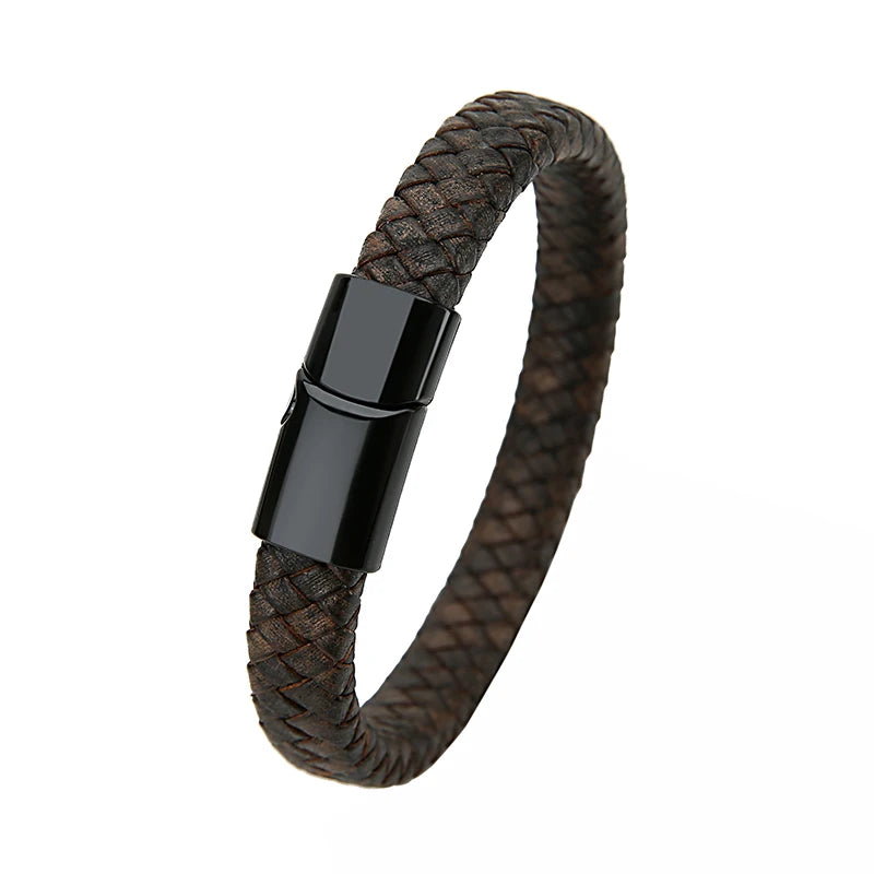 Mibrow Braided Black Leather Men Bracelet 10x5 12x6mm Size Fashion Metal Magnetic Clasp Wrap Bracelets Punk Charm Men Jewelry