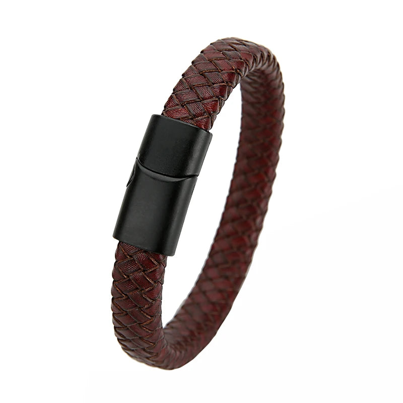Mibrow Braided Black Leather Men Bracelet 10x5 12x6mm Size Fashion Metal Magnetic Clasp Wrap Bracelets Punk Charm Men Jewelry