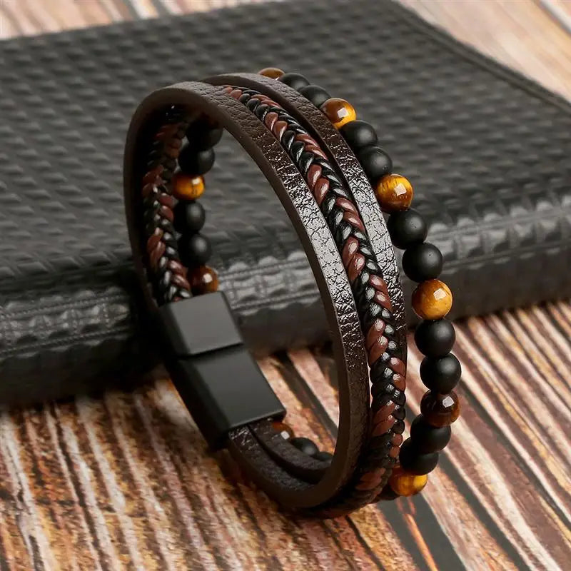 Jiayiqi Leather Bracelet Men Punk Hip Hop Metal Charm Tiger Eye Stone Beads Multi-Layer Bracelet For Men Fashion Jewelry Gift