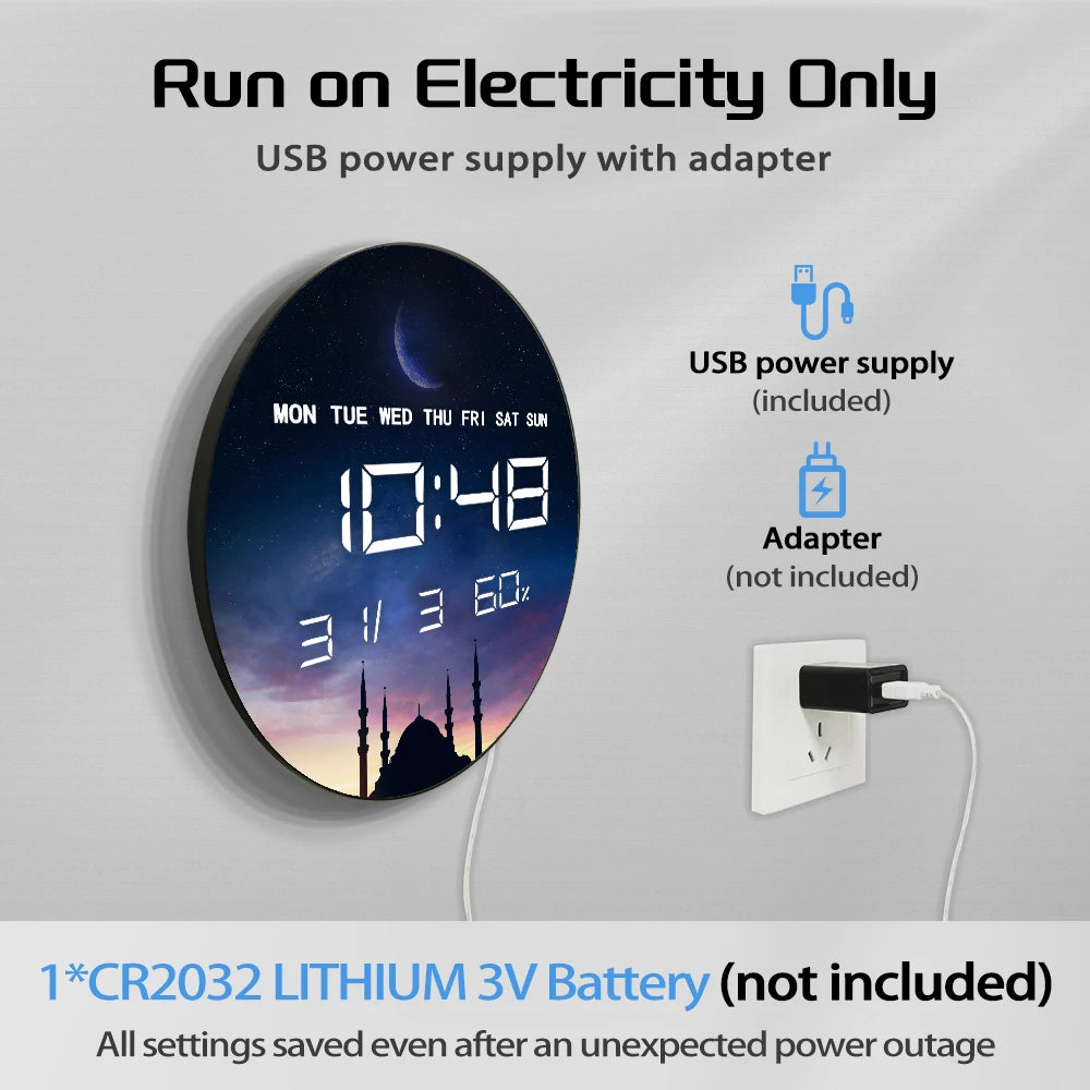 Islamic Eid Celebration Golden Crescent Moon LED Digital Wall Clock with Temperature Humidity Date Calendar Electric Wall Clock