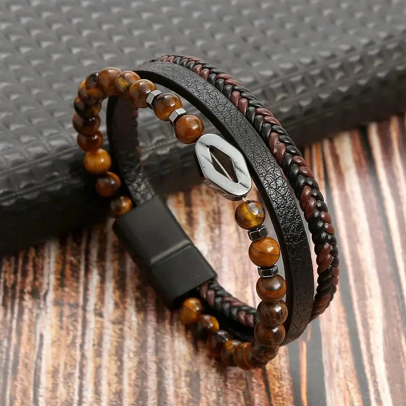 Jiayiqi Leather Bracelet Men Punk Hip Hop Metal Charm Tiger Eye Stone Beads Multi-Layer Bracelet For Men Fashion Jewelry Gift