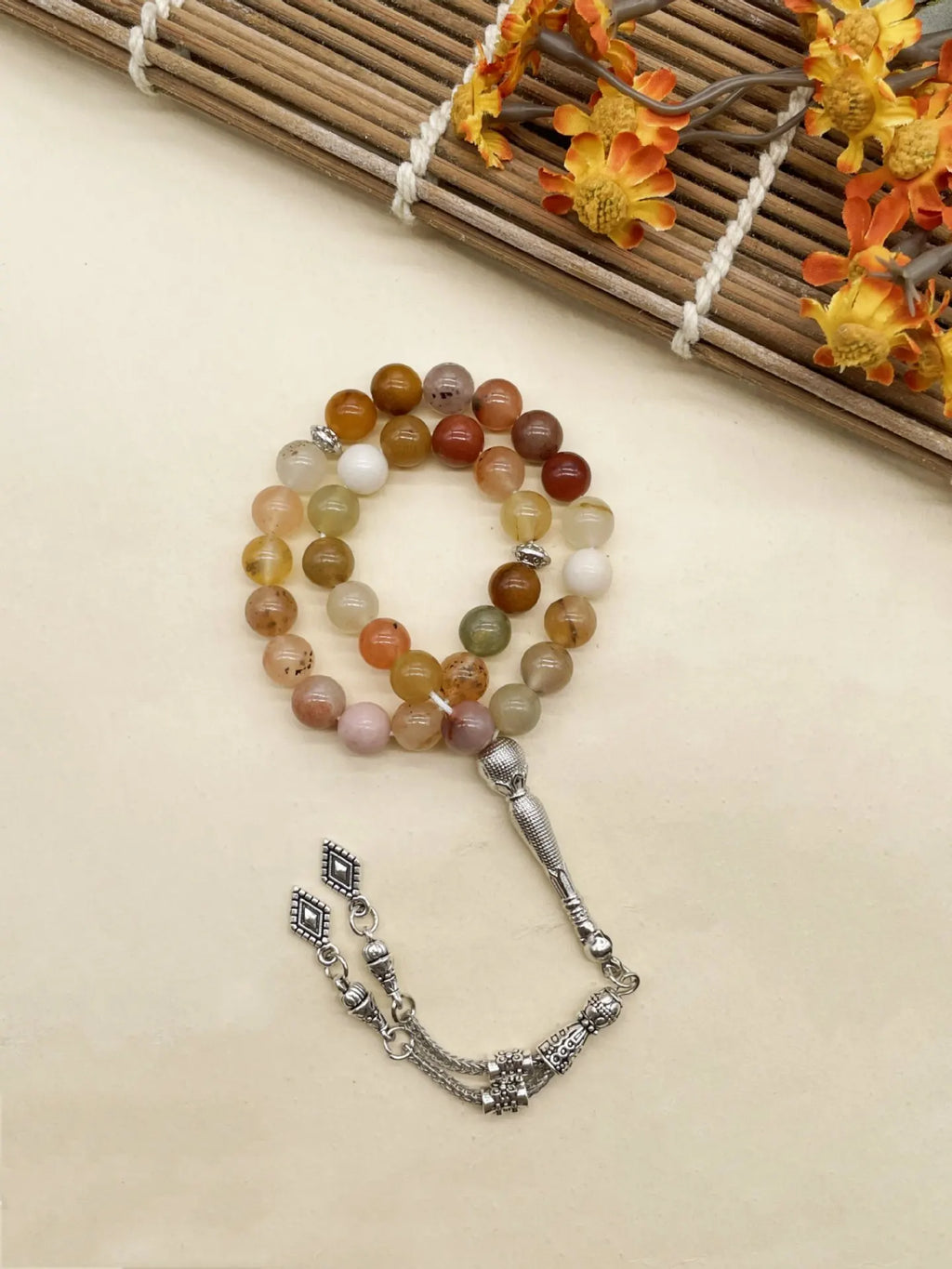 6pcs Natural Stone Beads Islamic Tasbih 8mm 33 Beads Misbaha Sebha Rosary Bracelet Muslim Men Women Meditation Prayer Jewelry