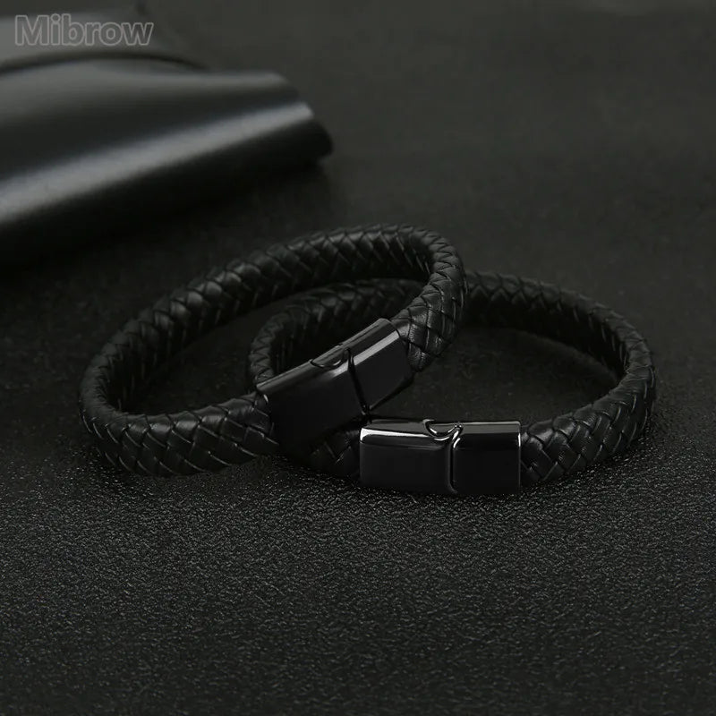 Mibrow Braided Black Leather Men Bracelet 10x5 12x6mm Size Fashion Metal Magnetic Clasp Wrap Bracelets Punk Charm Men Jewelry