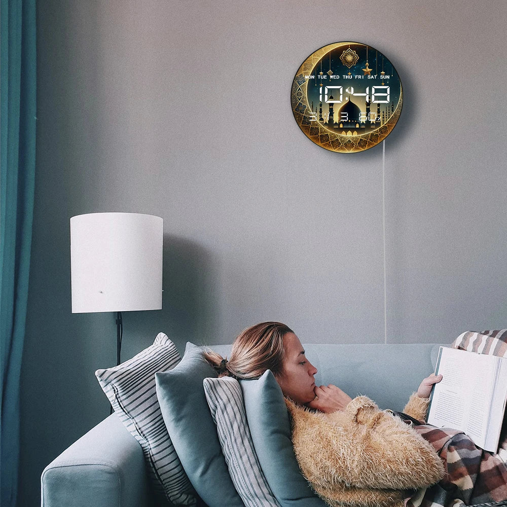 Gold Crescent Moon LED Digital Wall Clock with Timer Date Temperature Islamic Mosque Eid Mubarak Home Decor Electric Wall Clock