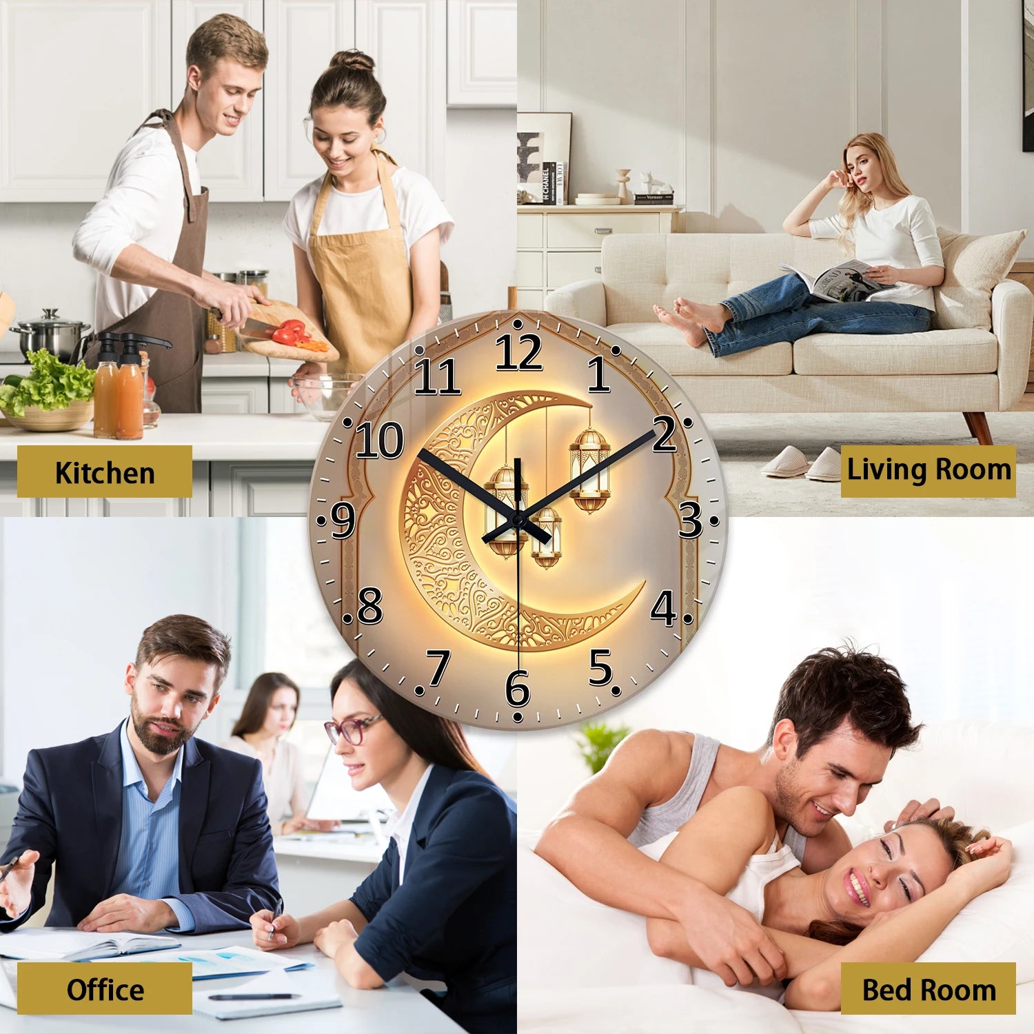A Modern Accessible Luxury Golden Moon Lantern 4mm Thickeneded Tempered Glass Wall Clock Living Room Bedroom Kitchen Home Decoration Wall Clock Silent Quartz Clock Kaishi Gift 12 Inches 14 Inches 16inch (No Battery)