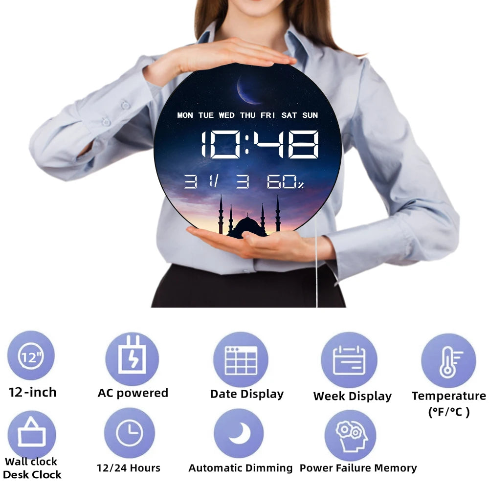 Islamic Eid Celebration Golden Crescent Moon LED Digital Wall Clock with Temperature Humidity Date Calendar Electric Wall Clock