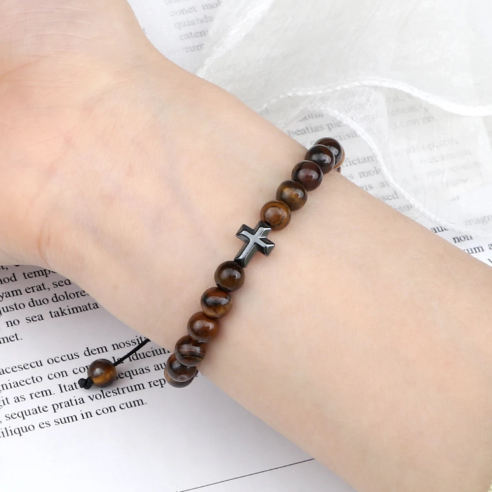 Prayer Men Handmade Woven Bracelet 6mm Natural Tiger Eye Stone Bangle with Hematite Cross Yoga Rosary Jewelry Homme Pulsera Gift
