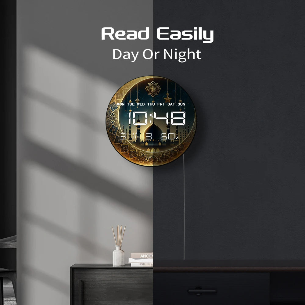 Gold Crescent Moon LED Digital Wall Clock with Timer Date Temperature Islamic Mosque Eid Mubarak Home Decor Electric Wall Clock