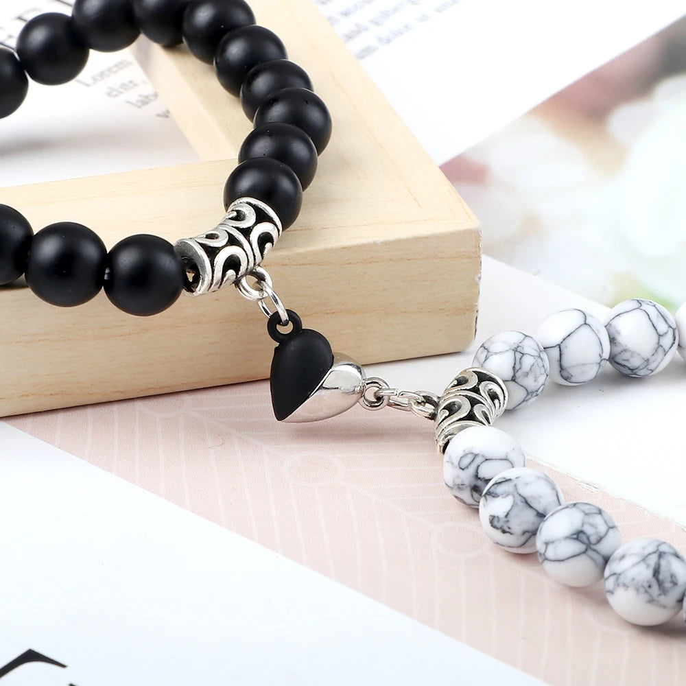 2Pcs/Set Sliver Black Color Magnet Pendant Bracelets 6MM 8MM White Porcelain Black Line Beads Couple Bracelet Jewelry Gift New