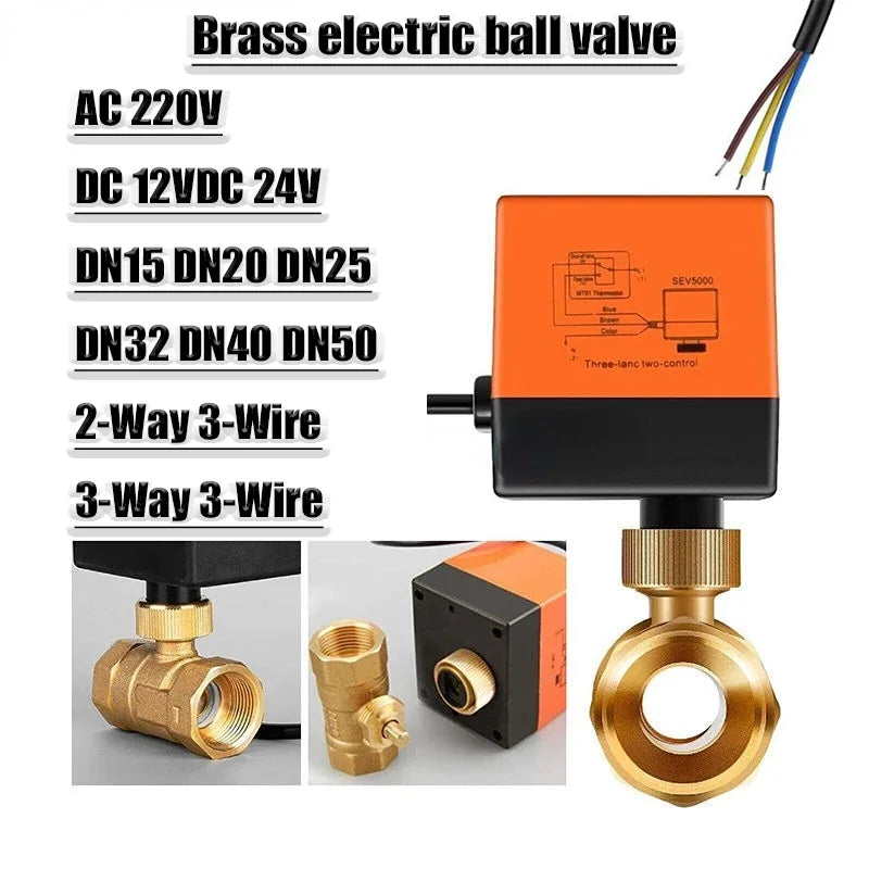 AC220V DC12V 24V Brass Electric Thread Ball Valve DN15 DN20 DN25 DN32 DN40 2-way 3-wire Solenoid Water Valve with Actuator