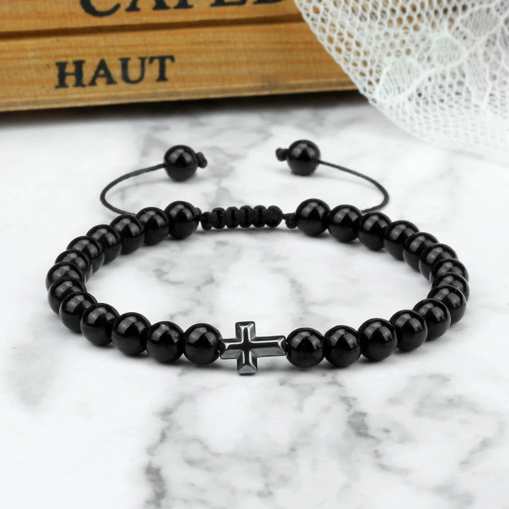 Prayer Men Handmade Woven Bracelet 6mm Natural Tiger Eye Stone Bangle with Hematite Cross Yoga Rosary Jewelry Homme Pulsera Gift