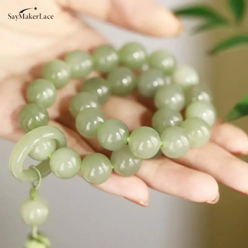 1pcs Green Jade Stone 12mm Beads Tassel Bracelet Necklace Tibetan Buddhist Buddha Charm Rosary Yoga Men Woman Jewelry