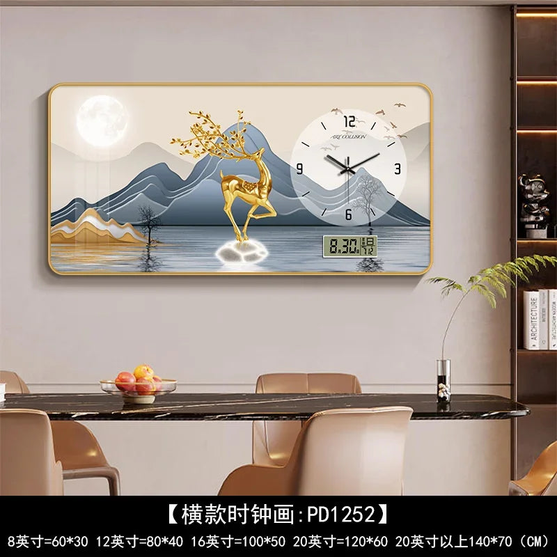 Nordic Light Luxury Clock Wall Clock Living Room and Restaurant Decoration Painting Light and Shadow Elk Perpetual Calendar
