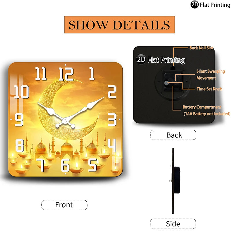 Wall Clock Islamic-themed crescent moon minarets Quartz Square Analog Bedroom Bathroom Christmas Halloween Birthdays Gift