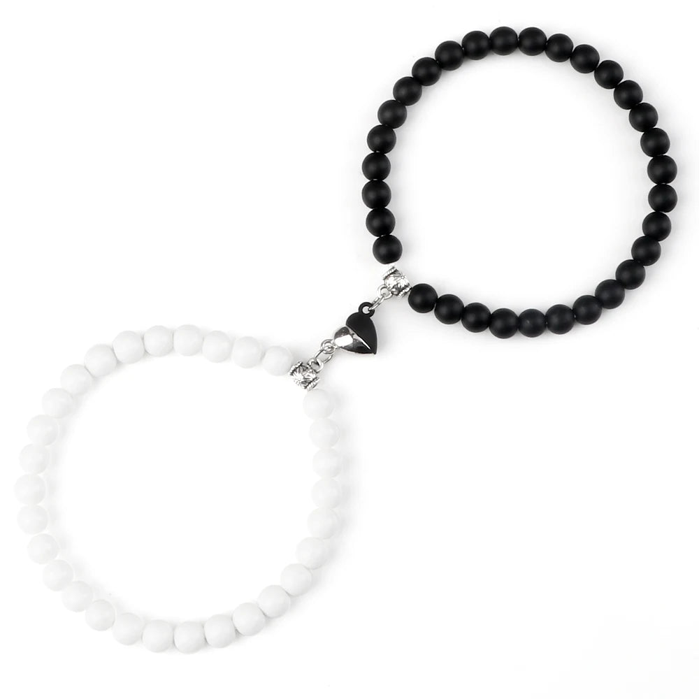 2Pcs/Set Sliver Black Color Magnet Pendant Bracelets 6MM 8MM White Porcelain Black Line Beads Couple Bracelet Jewelry Gift New