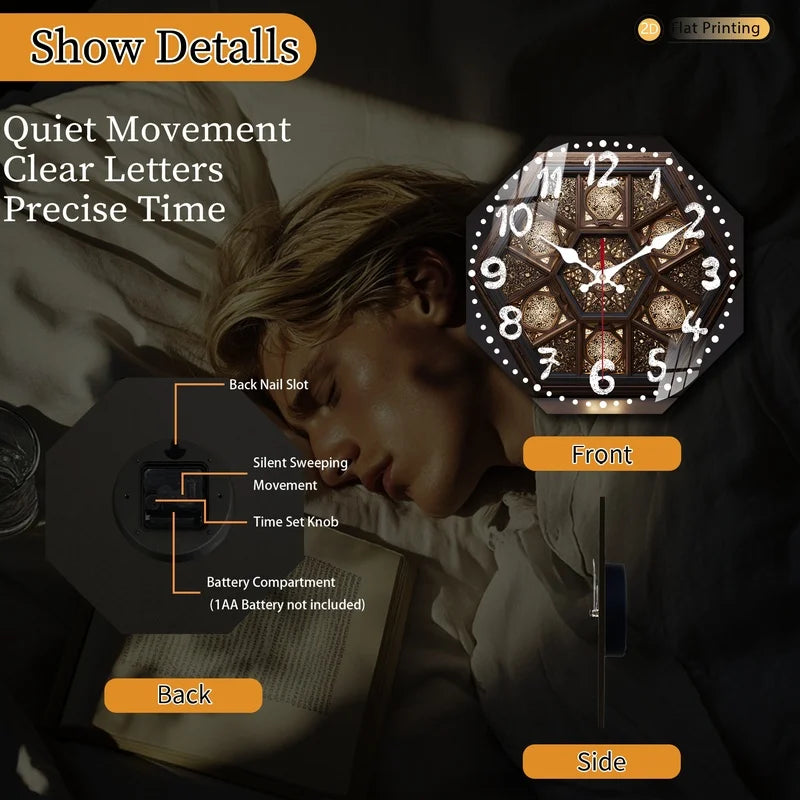 1pc Elegant Vivid Intricate Octagon Arabic Inspired Wooden Wall Clock for Bedroom Dining Room - Valentine's Day Birthday Gifts