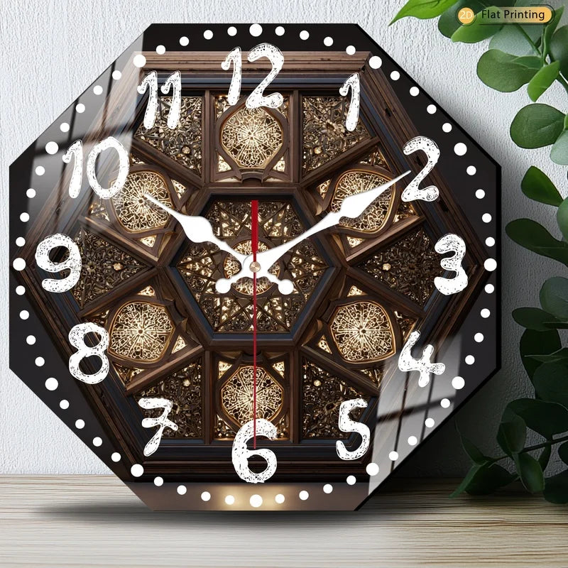1pc Elegant Vivid Intricate Octagon Arabic Inspired Wooden Wall Clock for Bedroom Dining Room - Valentine's Day Birthday Gifts
