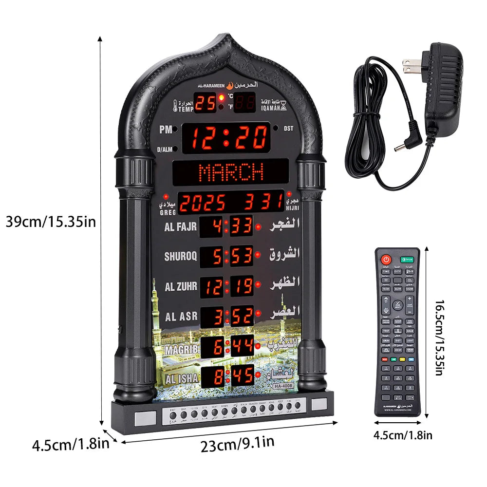 12V USEU Azan Mosque Calendar Muslim Prayer Black Wall Clock Islamic Mosque Azan Calendar Ramadan Home Decor with Remote Control