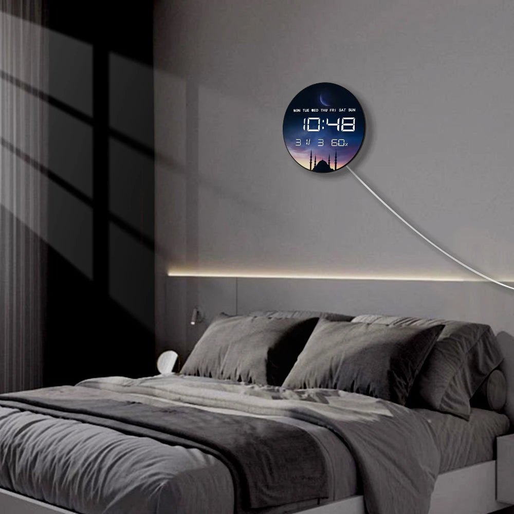 Islamic Eid Celebration Golden Crescent Moon LED Digital Wall Clock with Temperature Humidity Date Calendar Electric Wall Clock
