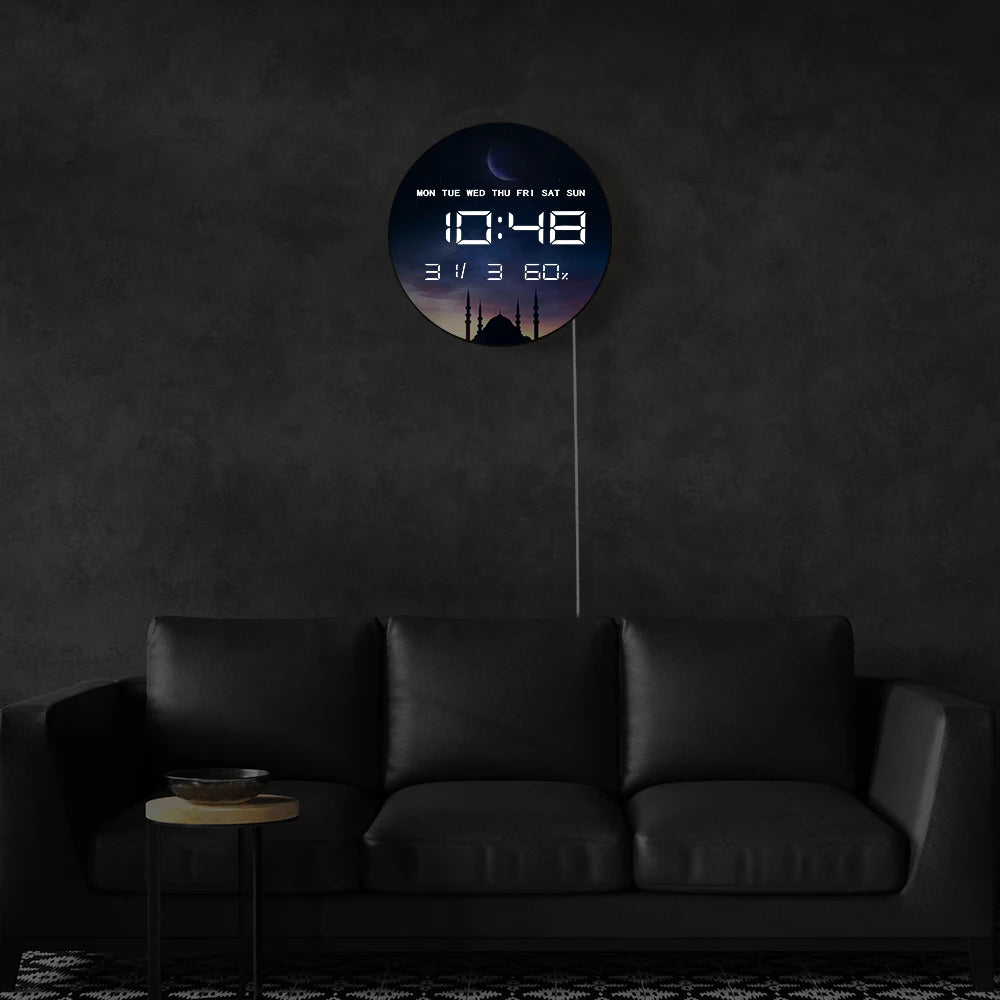 Islamic Eid Celebration Golden Crescent Moon LED Digital Wall Clock with Temperature Humidity Date Calendar Electric Wall Clock
