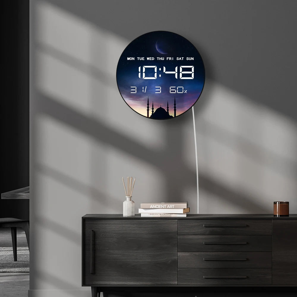 Islamic Eid Celebration Golden Crescent Moon LED Digital Wall Clock with Temperature Humidity Date Calendar Electric Wall Clock