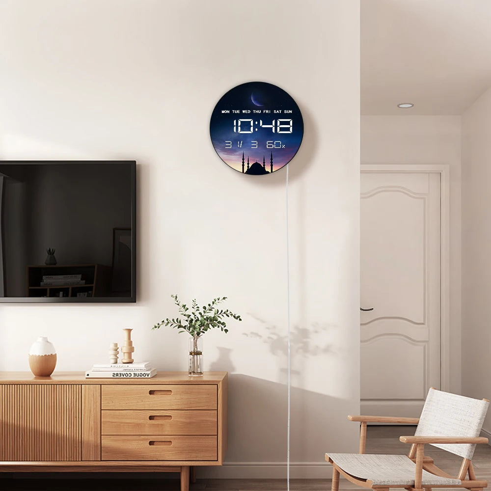 Islamic Eid Celebration Golden Crescent Moon LED Digital Wall Clock with Temperature Humidity Date Calendar Electric Wall Clock