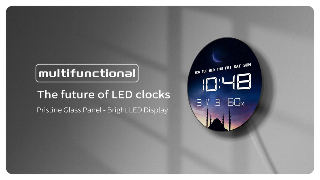 Islamic Eid Celebration Golden Crescent Moon LED Digital Wall Clock with Temperature Humidity Date Calendar Electric Wall Clock