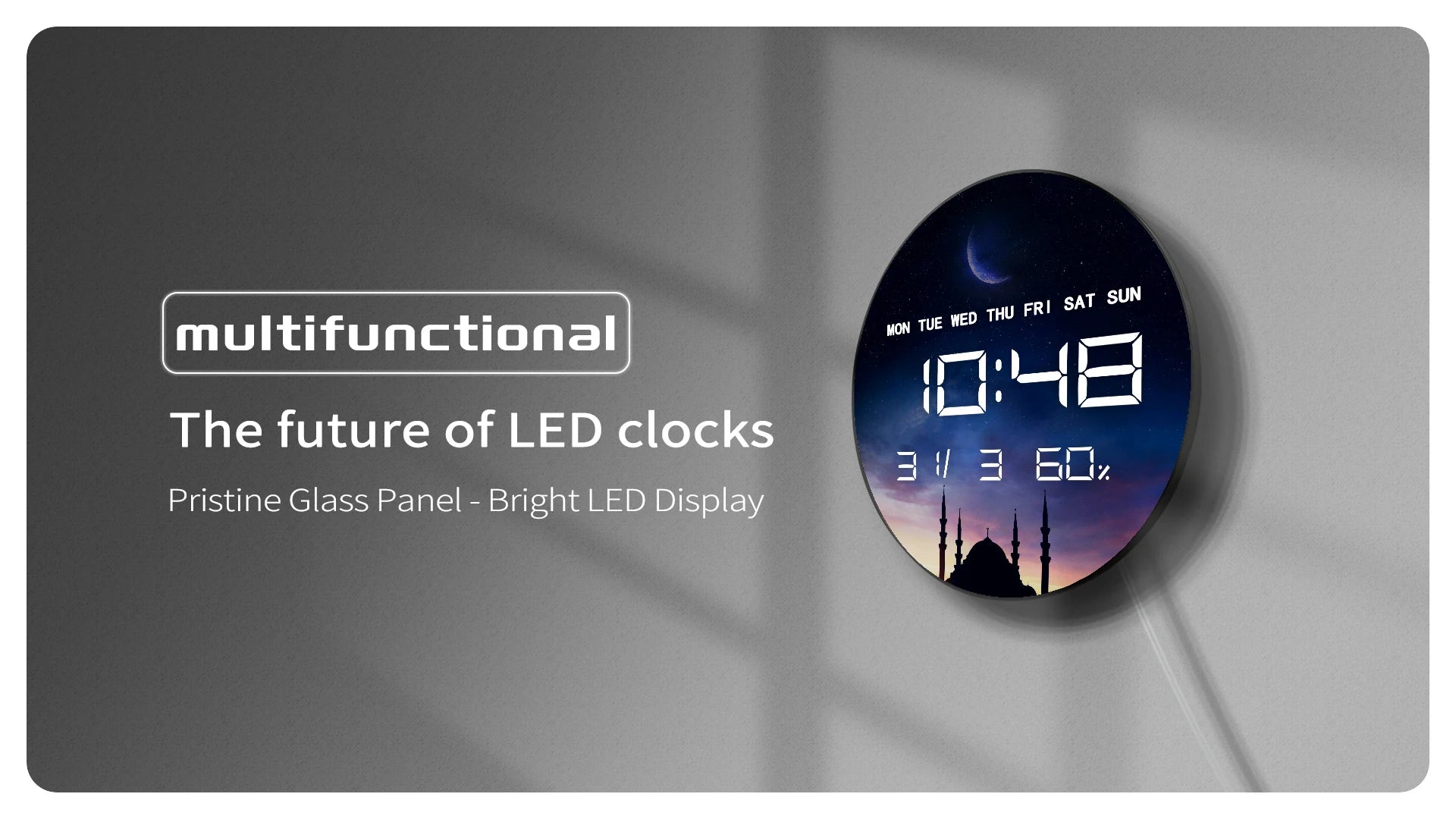 Islamic Eid Celebration Golden Crescent Moon LED Digital Wall Clock with Temperature Humidity Date Calendar Electric Wall Clock