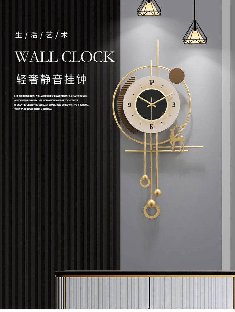 Modern minimalist TV background deer wall clock ,wooden grille decoration with lights hanging clock