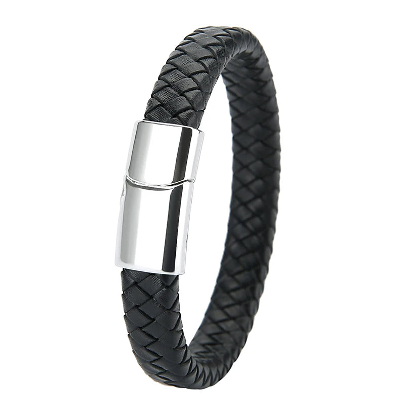 Mibrow Braided Black Leather Men Bracelet 10x5 12x6mm Size Fashion Metal Magnetic Clasp Wrap Bracelets Punk Charm Men Jewelry