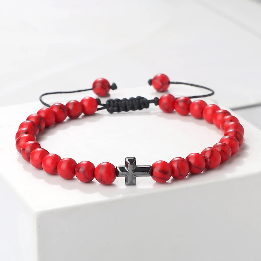 Prayer Men Handmade Woven Bracelet 6mm Natural Tiger Eye Stone Bangle with Hematite Cross Yoga Rosary Jewelry Homme Pulsera Gift