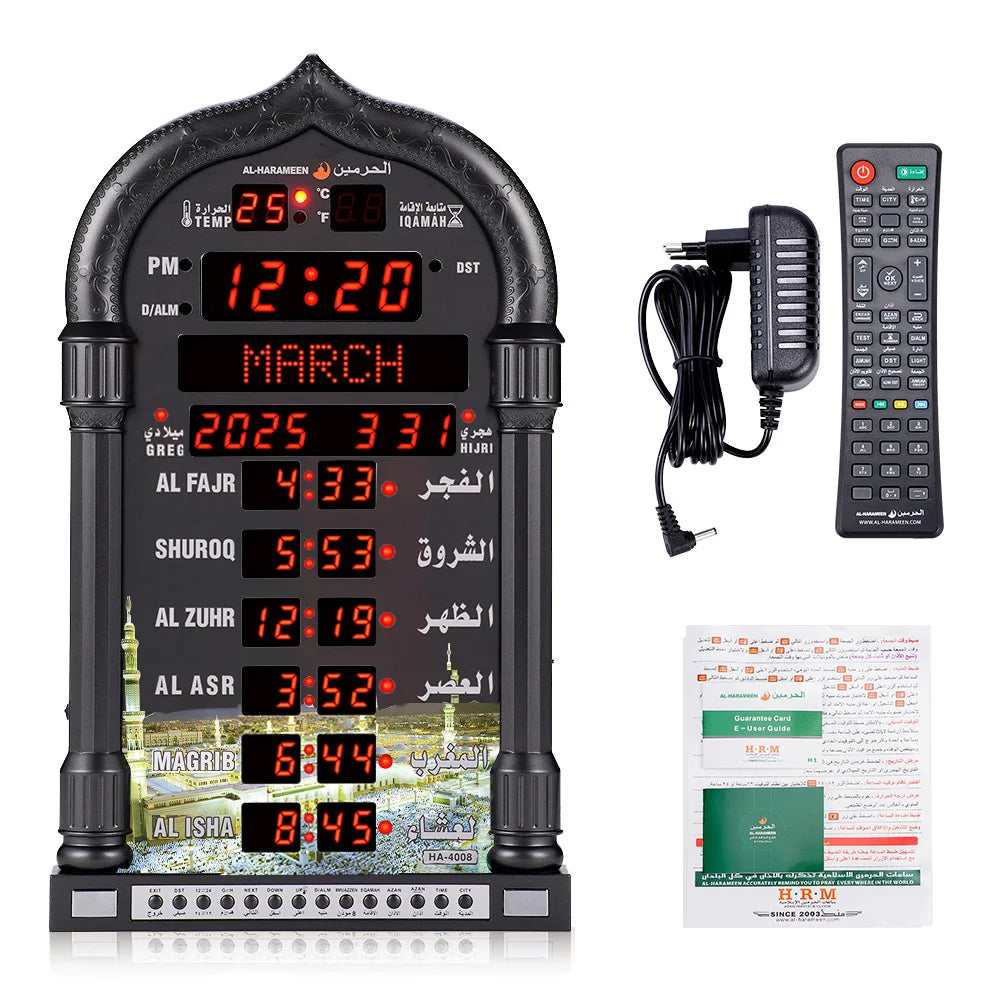 12V USEU Azan Mosque Calendar Muslim Prayer Black Wall Clock Islamic Mosque Azan Calendar Ramadan Home Decor with Remote Control