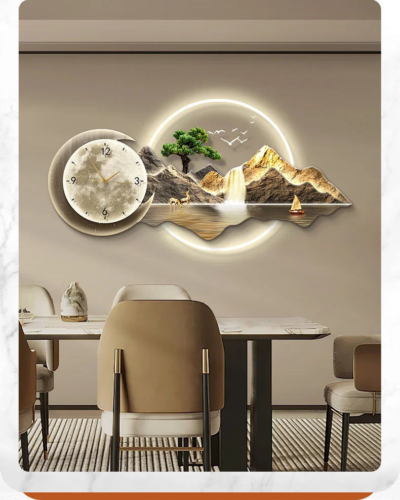 Restaurant Decoration Painting Clock Silent Luxury High Grade Luminous Landscape Mural