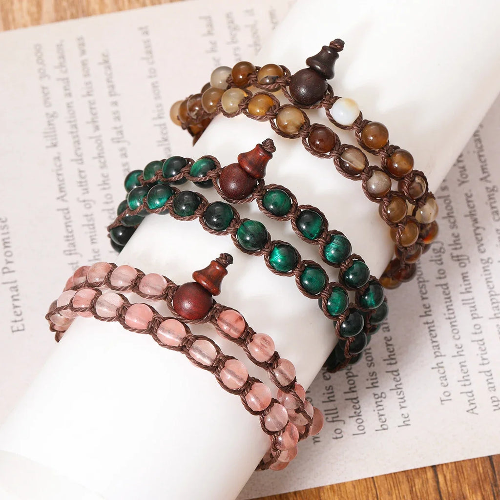 6mm Buddhist Natural Stone Beads Sandalwood Buddha Meditation Rosary Bracelet Women's Men's Gourd Beads Multi-Circle Bracelet