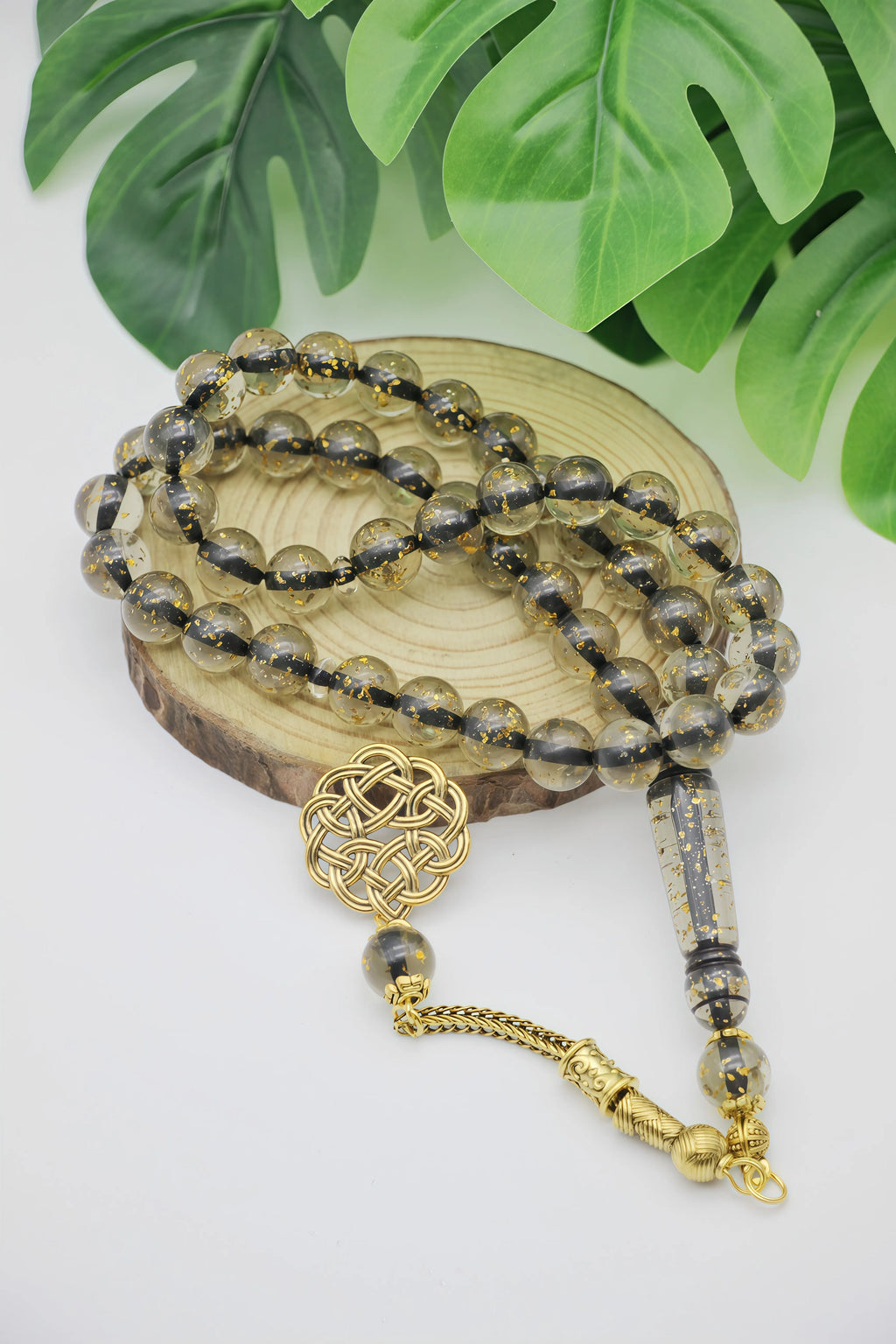 Islamic Tasbih Prayer Beads with Celtic Knot, Gold Foil in Cream/Blue/Black, Handmade Beads for Prayer & Ramadan Gift