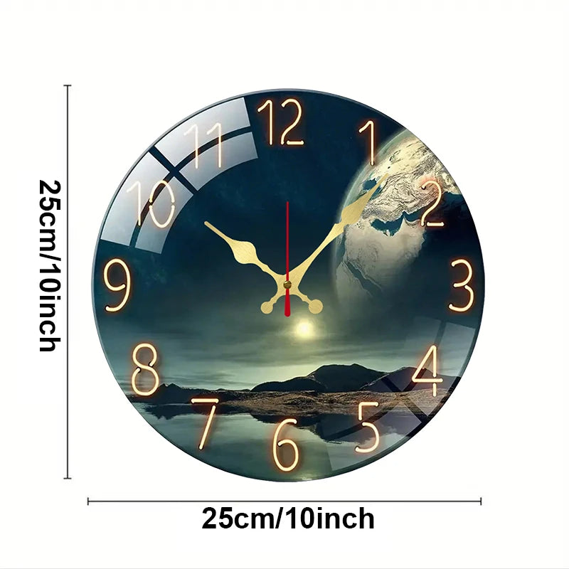 Earth Landscape Wooden Round Silent Hanging Wall Clock, Suitable For Living Room, Office, Study Room, Bedroom, Home Decoration