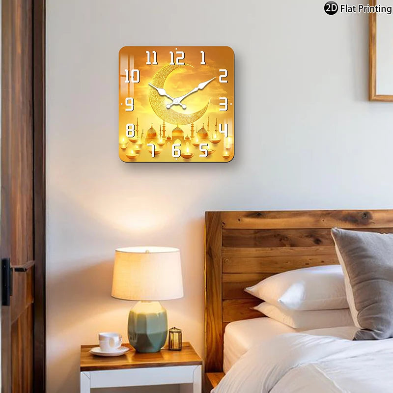 Wall Clock Islamic-themed crescent moon minarets Quartz Square Analog Bedroom Bathroom Christmas Halloween Birthdays Gift