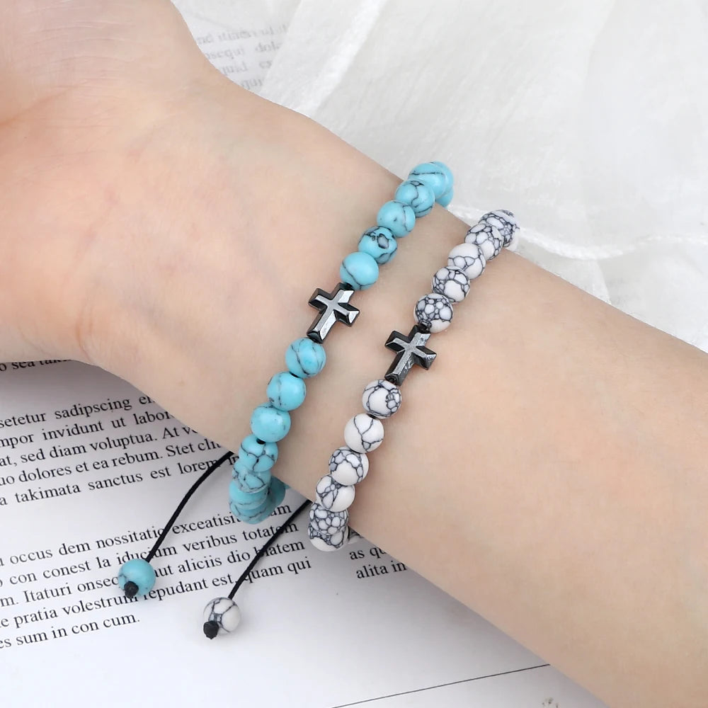 Prayer Men Handmade Woven Bracelet 6mm Natural Tiger Eye Stone Bangle with Hematite Cross Yoga Rosary Jewelry Homme Pulsera Gift