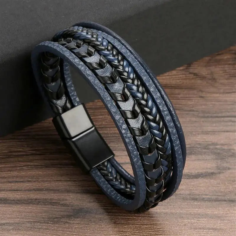 Jiayiqi Leather Bracelet Men Punk Hip Hop Metal Charm Tiger Eye Stone Beads Multi-Layer Bracelet For Men Fashion Jewelry Gift
