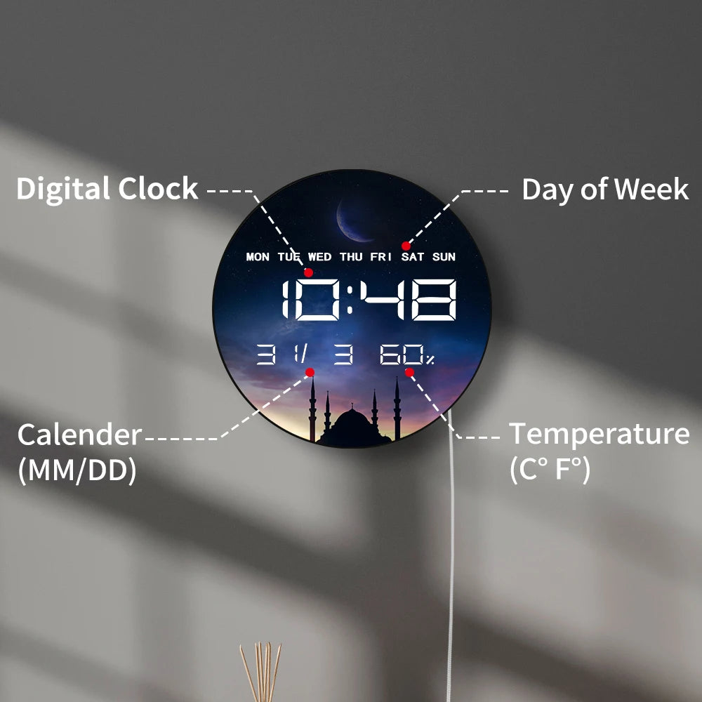 Islamic Eid Celebration Golden Crescent Moon LED Digital Wall Clock with Temperature Humidity Date Calendar Electric Wall Clock
