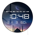 Islamic Eid Celebration Golden Crescent Moon LED Digital Wall Clock with Temperature Humidity Date Calendar Electric Wall Clock
