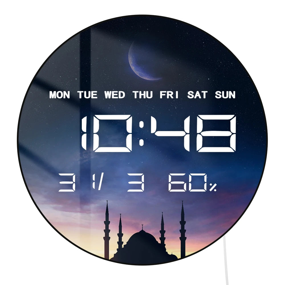 Islamic Eid Celebration Golden Crescent Moon LED Digital Wall Clock with Temperature Humidity Date Calendar Electric Wall Clock