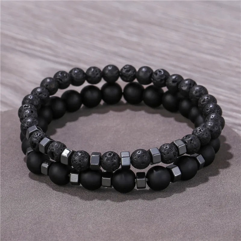 2pcs/set Beaded Bracelet Men Lava Stone Agate Tiger Eye Bead Charm Men Women Bracelet Sets Jewelry Best Gifts Pulsera Hombre