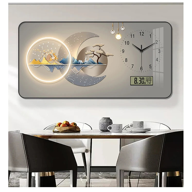 Nordic Light Luxury Clock Wall Clock Living Room and Restaurant Decoration Painting Light and Shadow Elk Perpetual Calendar